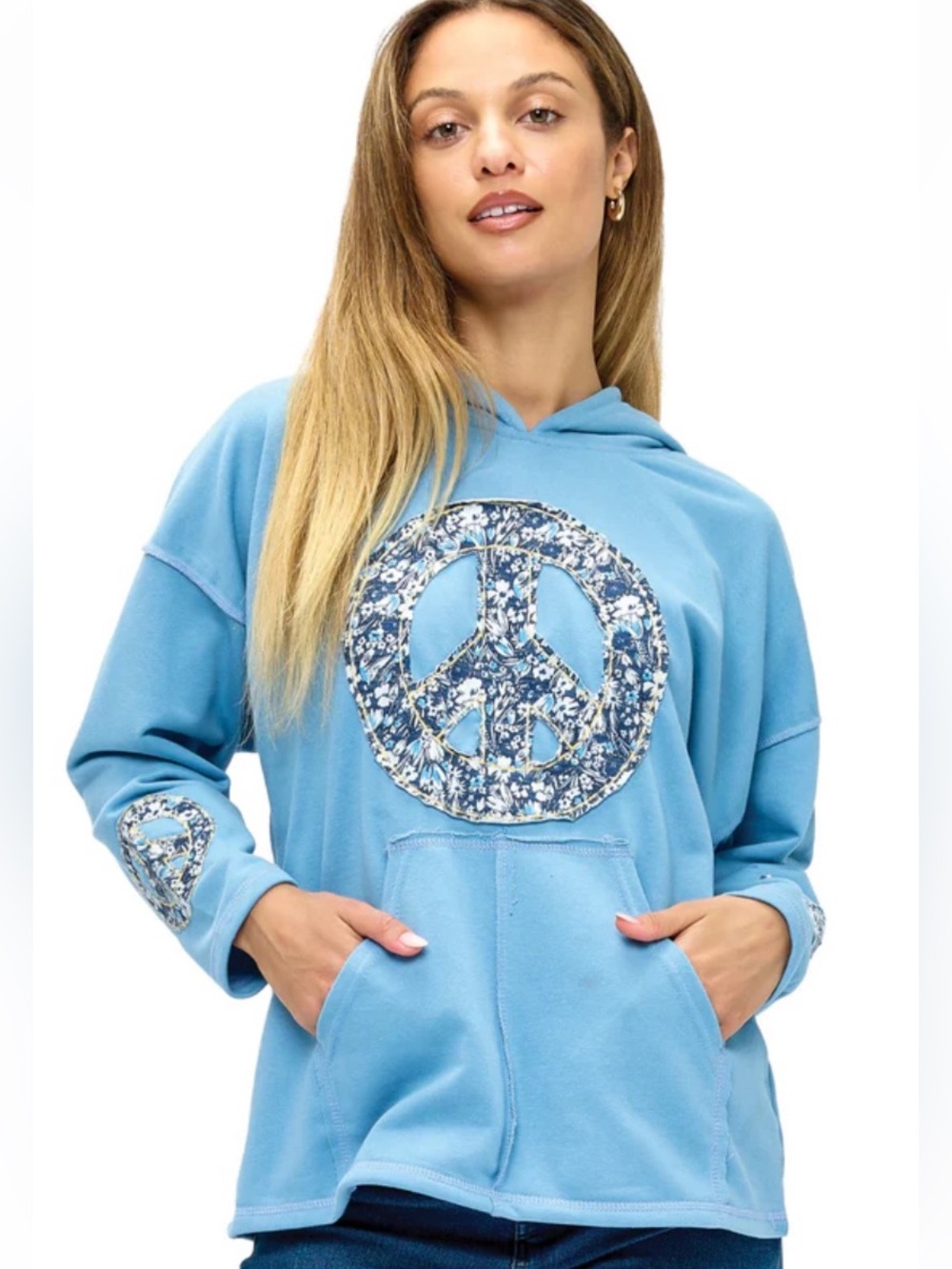 Light Blue Peace Applique Hoodie Sweatshirt